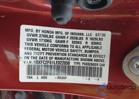 2020 Honda Civic Lx from USA, damaged, VIN 19XFC2F61LE022058